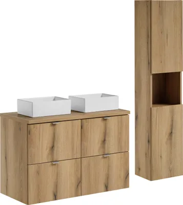Zdjęcie produktu dla Szafka Łazienkowa 100 Cm Z Blatem I Umywalkami Dąb Evoke