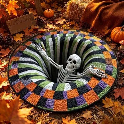 Image de Tapis rond Unyqoos® pour Halloween, 60 x 60 cm – Motif squelette avec effet 3D (illusion d'optique), polyester, base antidérapante, décoration pour salon et chambre
