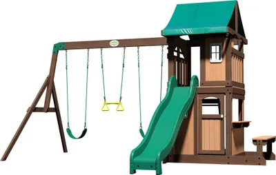 A wooden playground set with a slide and swings, set against a white background.