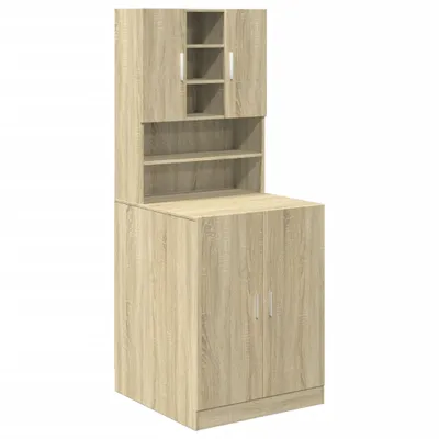 A tall, narrow cabinet with multiple shelves and two doors at the bottom, made of wood-effect material.