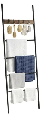 Image de Étagère à serviettes Relaxdays, 4 barreaux, 5 crochets, HB 177x60 cm, pour salle de bain et chambre, séchoir à linge, en MDF et métal, noir/marron