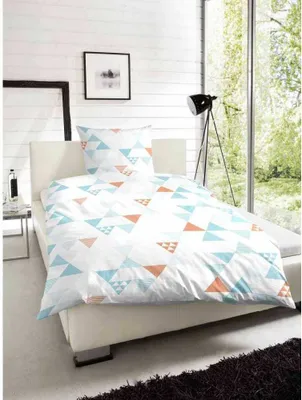 Produktbild von Hahn Seersucker Bettwäsche Dreiecke Geometrisch Türkis Orange Weiß Microfaser Reißverschluss Bettbezug Kissenbezug Bettgarnitur 135x200 cm