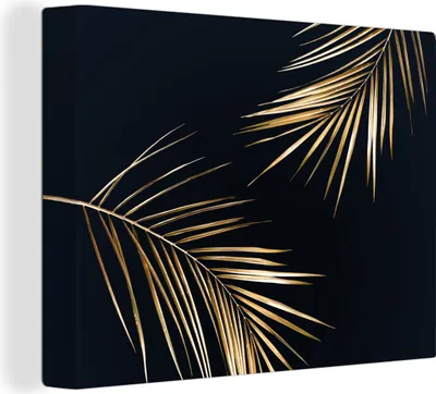 Produktbild von MuchoWow® - Leinwandbilder - Blätter - Pflanzen - Gold - Schwarz - Luxus, Wandbild, Wanddeko Bilder Wohnzimmer, 120x90 cm