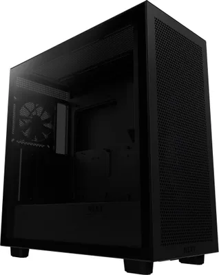 A black NZXT H7 Flow computer case is shown from a three-quarter angle against a white background.