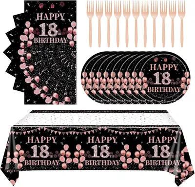 Produktbild von Deko-Set zum 18. Geburtstag Teller Servietten Gabeln Tischdecke 61-teilig