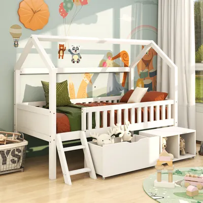 Produktbild von Flieks Hochbett Kinderbett Hausbett 90x200cm mit Schublade und Ablagefächern, Kinderbett mit Lattenrost und Rausfallschutz, Kiefer ohne Matratze, Weiß