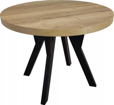 A round dining table with a wood-look top and black metal legs, photographed against a white background.