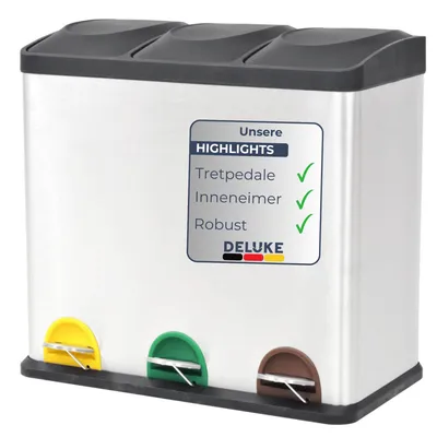Produktbild von DELUKE® Mülleimer 3 Fächer Edelstahl - 3x 18L Inneneimer herausnehmbar | Pedaleimer Tretmülleimer Küche Abfalleimer mit Deckel Müllbehälter Kücheneimer Treteimer Büro