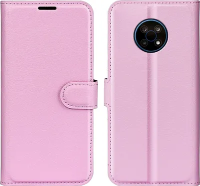 A pink leather flip case for a smartphone, shown open and closed.