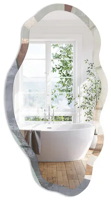 Produktbild von Ausgefallener Wandspiegel mit Motivdruck – organische Freiform – 90x45 cm – asymmetrischer Designspiegel – moderne Dekoration für Wohnzimmer, Flur und Schlafzimmer - Organische Formen