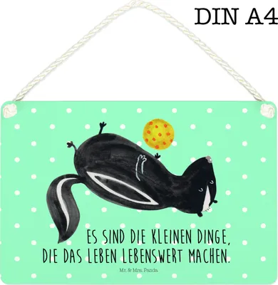 Produktbild von Mr. & Mrs. Panda holzbild Stinktier Ball DIN A4 - Türkis Pastell - Geschenk, Skunk, Stinker, kleine aufmerksamkeit, Raubtier, Wandbild Holz, Schild, Türschild, Wildtier