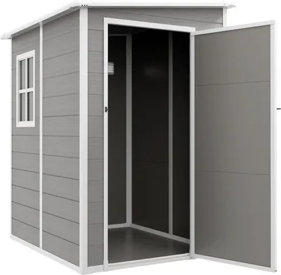 Produktbild von Gerätehaus 1,54m³, Gartenhaus mit Pultdach, 122 x 149 x 192/177 cm, Geräteschuppen mit Abschließbar Tür, Fenster, Fahrradgarage, Gartenschrank aus Aluminium, für Hinterhof, Garten, Grau