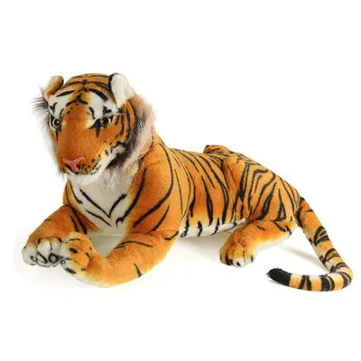 A plush tiger toy lying down on a white background.