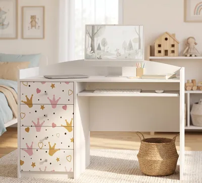 Produktbild von Schülerschreibtisch Weiß für Kinder Motiv, Jugendschreibtisch 125x60cm mit vier Schubladen, Hausaufgabentisch PC-Tisch Kinderzimmer, KI-generiertes Bild