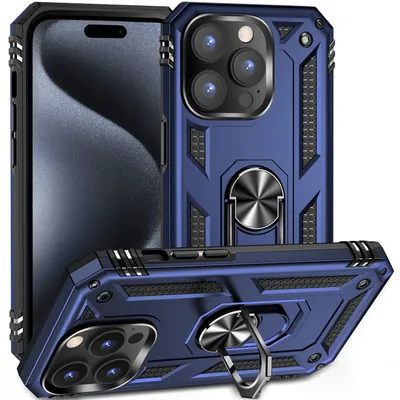 Obrázek produktu pro Pouzdro pro iPhone 15 Pro dvouvrstvé robustní, vojenská ochrana pouzdro s držákem prstenu a stojánkem modré