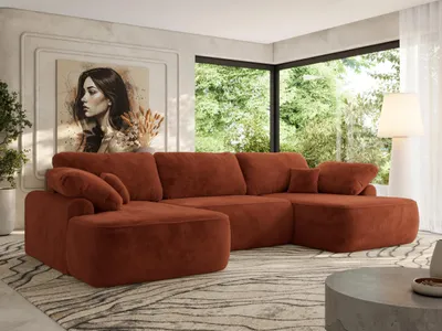 Produktbild von MKS MEBLE U-förmige Eckcouch, Wellenfeder, Ecksofa mit Schlaffunktion, Bettkasten und lose Kissen, 370x187x100cm - CUBO U - Orange Plüsch
