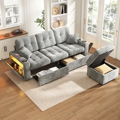 Produktbild von STILVORA Chenillesofa mit USB-C und LED-Beleuchtung, Sofa mit Becherhalter und Seitenfächern, Ecksofa mit Stauraum-Hocker und Schubladen