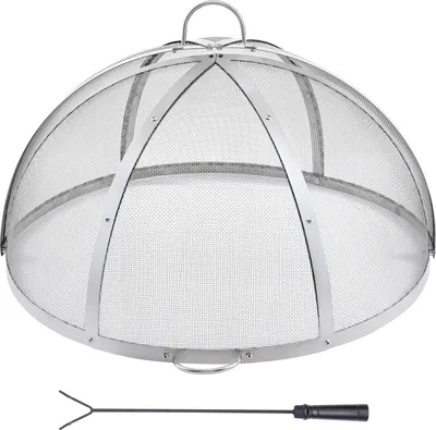 A silver mesh fire pit cover and a poker are shown against a white background.