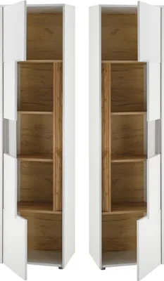 Produktbild von Wohnzimmer Vitrinenschrank CRISP-61 in weiß mit Absetzungen in Wotan Eiche Nb., B/H/T: ca. 50/197/40 cm