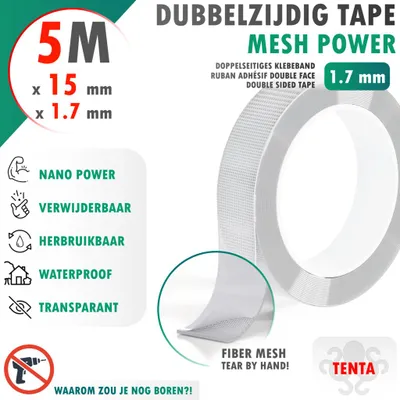 Produktbild von Doppelseitiges Klebeband 5m x 15mm x 1.7mm - TENTA Mesh Power