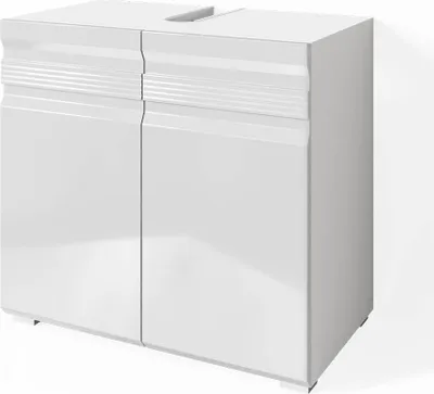 A white, high-gloss washbasin cabinet with two doors and a grooved detail on the top front.