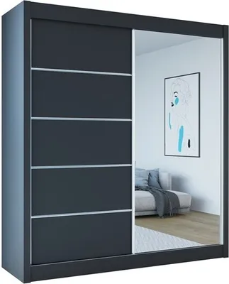 Produktbild von Easy4You B1 180 cm Schwarz Schiebetüren Kleiderschrank 180x215x58 cm mit Spiegel - Schlafzimmermöbel, Aufbewahrung - Mehrzweckschrank
