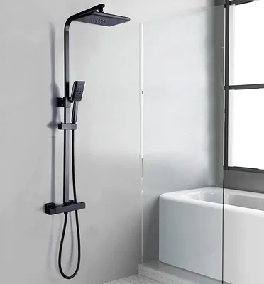 Produktbild von Duschsystem mit Thermostat 18x27cm Duscharmatur Handbrause Regendusche Duschset mit höhenverstellbar Duschstange Duschgarnitur