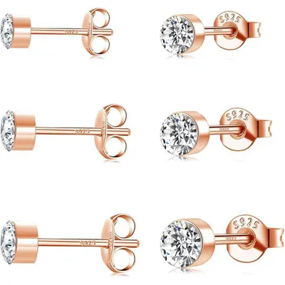 Produktbild von Ohrstecker Set 925 Sterling Silber Damen hypoallergen Cubic Zirkonia Rosegold 2/3/4mm