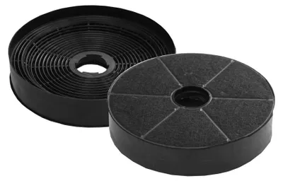 Two black carbon filters for a range hood, one slightly behind the other.