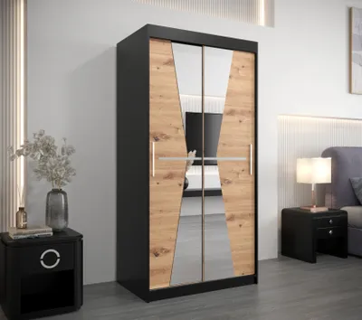 Produktbild von Kleiderschrank mit Spiegeln MILANA – Breite 100 cm, schwarz / Eiche artisan