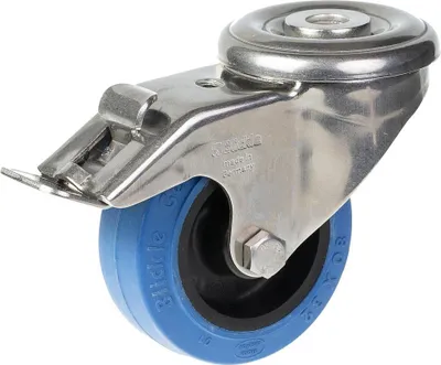 Immagine prodotto di ruota girevole/frenante in acciaio inox da 80 mm con gomma elastica blu su supporto in nylon