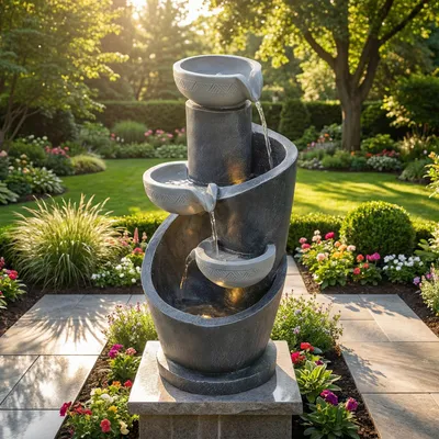 Immagine prodotto di Fontana da giardino Flieks con LED, fontana da interno con pompa, fontana da giardino per esterni, 25x24x50 cm, grigia