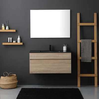 Produktbild von 100cm Holzoptik-Unterschrank mit Auszug und Keramik-Waschtisch | Sole
