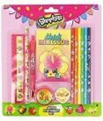 Produktbild von Shopkins Schrein-Set mit Notizbuch, Buntstiften und Schulbedarf im Früchte-Blumen-Design