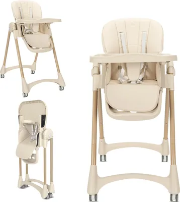 Produktbild von Lorelli Tummy Time Hochstuhl 2-in-1 – höhenverstellbar, 4-fach Rückenlehne, doppelt Tablett, 5-Punkt-Gurt, faltbar, mit Rädern Beige / Creme