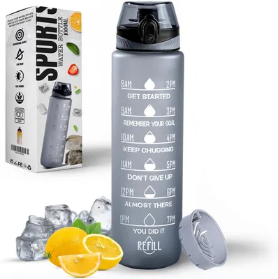 Produktbild von Trinkflasche – Wasserflasche – 1 Liter – Tritan – Grau – Mit Zeitmarkierung