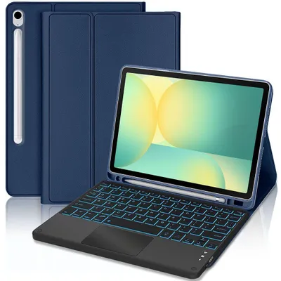 Image de Coque Clavier pour Samsung Galaxy Tab S10 FE / S9 FE, CuirPolyuréthaneBleu Marine avec Clavier Rétroéclairé Magnétique