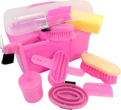 Immagine prodotto di Kerbl grooming box spazzole per cavalli cura del cavallo bambini spazzole per criniera set completo rosa