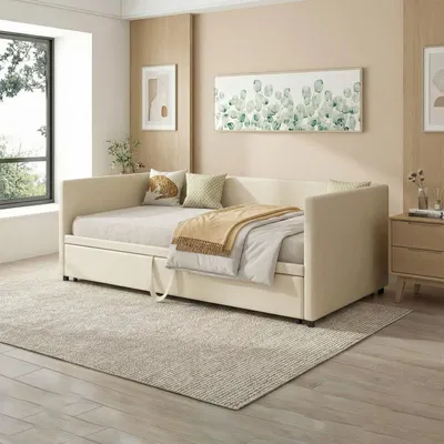 Zdjęcie produktu dla ProximaX – nowoczesna rozkładana sofa 90/180 x 200 cm, beżowy aksamit, sofa 3 w 1 z funkcją spania i schowkiem