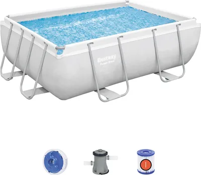 A rectangular above-ground swimming pool filled with blue water, supported by a gray metal frame. Below the pool are three accessories: a blue and white filter component, a gray pump filter, and a blue and orange filter cartridge.
