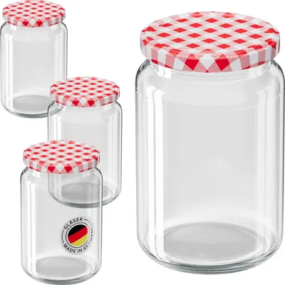 Produktbild von WELLGRO 12 x 635 ml Einmachgläser mit Schraubdeckel TO 82 – rot kariert - Luftdichte Rundgläser ideal zum Einkochen und Aufbewahren