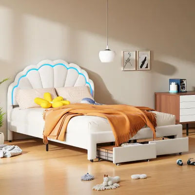Produktbild von Fortuna Lai Polsterbett 140x200 cm, LED Kinderbett mit Schublade & Blumen-Kopfteil, Lattenrost, Samt, Weiß