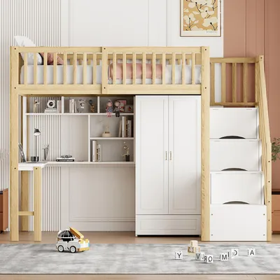 A loft bed with integrated storage, desk, and wardrobe in a child's bedroom setting.