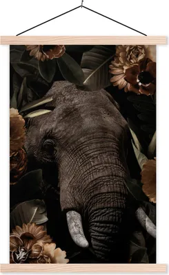 Produktbild von MuchoWow® Textilposter Elefant - Pflanzen - Blumen 120x180 cm mit holzfarbenen Rahmen - Textil-Plakat