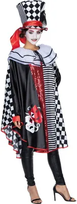 Harlekin Kostüm Pierrot Harlekina inkl. Zylinder für Damen Onesize Poncho Clown Paarkostüm Fasching Karneval Mottoparty Pantomime