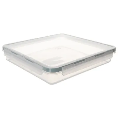 A clear, studio shot of a square plastic food storage container with a transparent lid and gray locking clips, presented on a white background.
