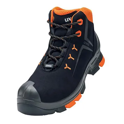 A black and orange work boot is shown against a white background.