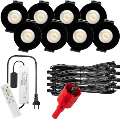 Produktbild von S-Polylight PREMIUM Mini LED- Einbauspots Kaltweiß 6.000K, Smart, Smarthome, App, Alexa, DIMMBAR, IP65, FUNK 3W LED Einbaustrahler Terrassenüberdachung, Terrassenbeleuchtung, Bad, Sauna, LED Spots mit Fernbedienung (SCHWARZ, 8x SMARTHOME LED-SET)