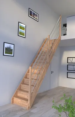 Produktbild von Holztreppe Rhodos in gerader Ausführung-Eiche-Holz-Edelstahl Geländer-rechts-mit Setzstufen
