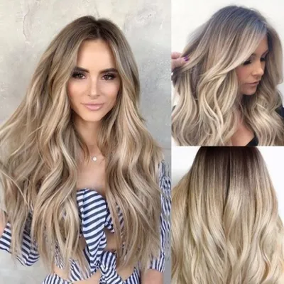 Produktbild von Damen Ombre Gewellt Perück Langhaarperücke Gelockt Echthaar Volle Perücken Cosplay Wig Gold, Länge 60 cm